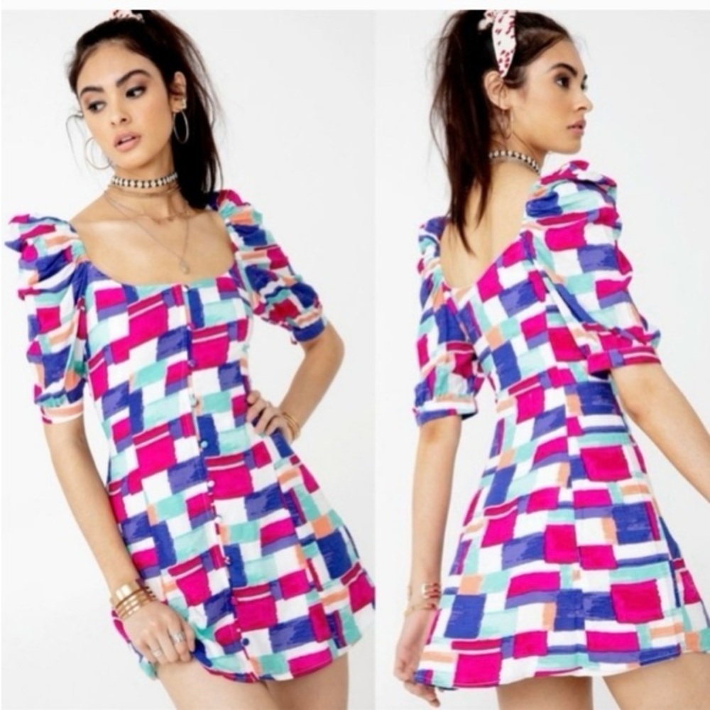 VANESSA MOONEY Colorful Bright Geometric Cherry Dress Size Small GUC